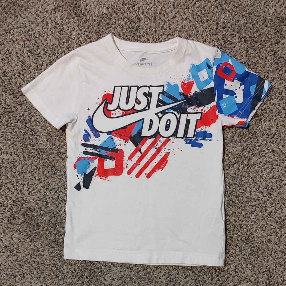 Nike White Tee with Red and Blue Graphic "Just Do It"